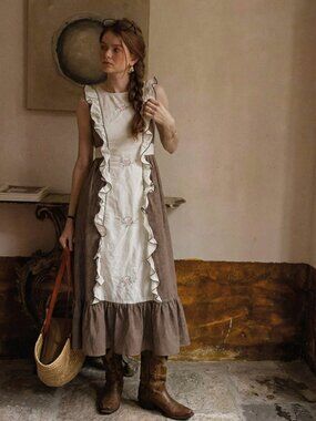 70s brown polkadot Floral embroidered Dress